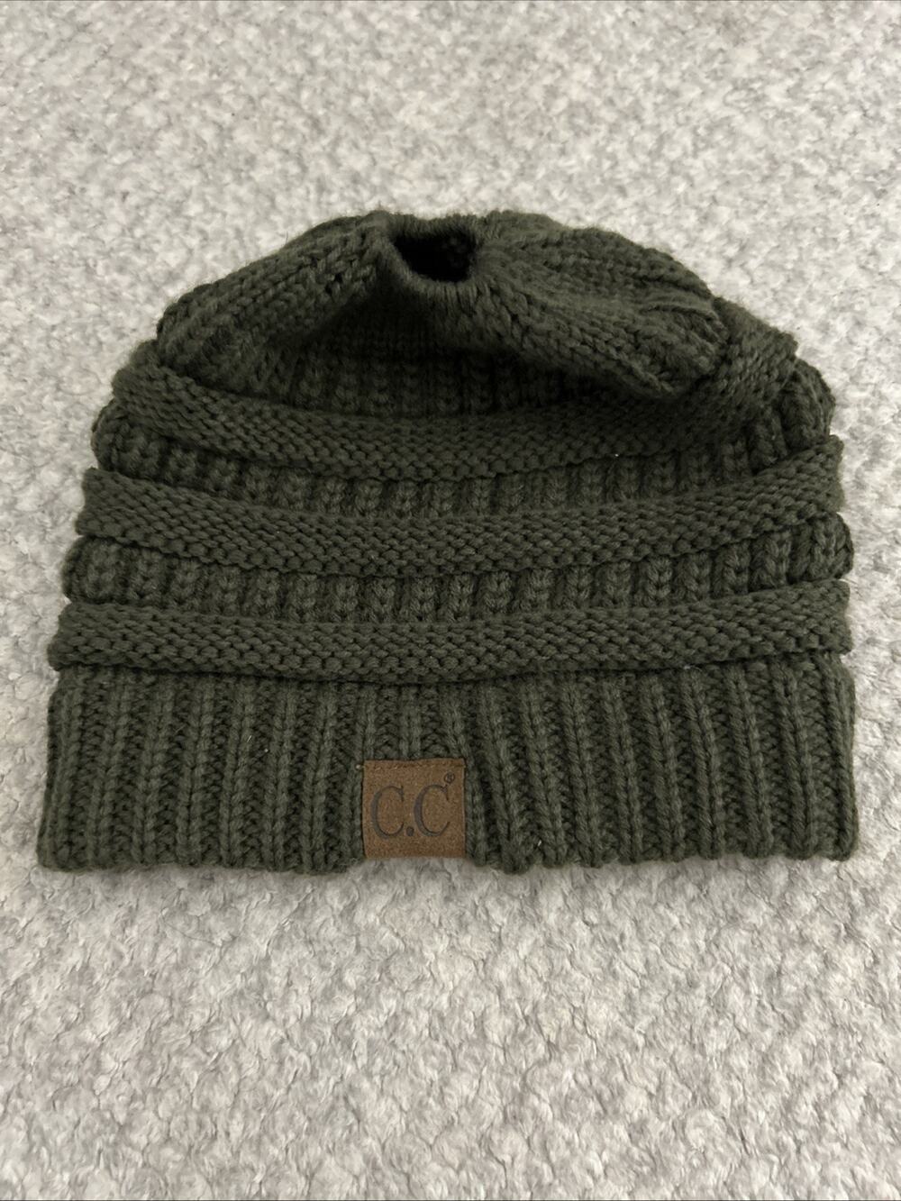 CC Exclusives Beanie Women's Knit Slouchy Cap Hat Olive Ponytail Hole Ski